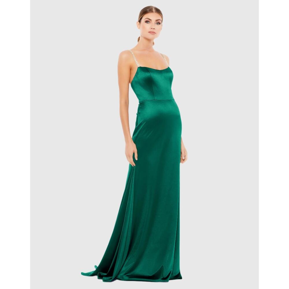 Mac Duggal Charmeuse Rhinestone Strap Trumpet Gown in Emerald Green‎ Size 8